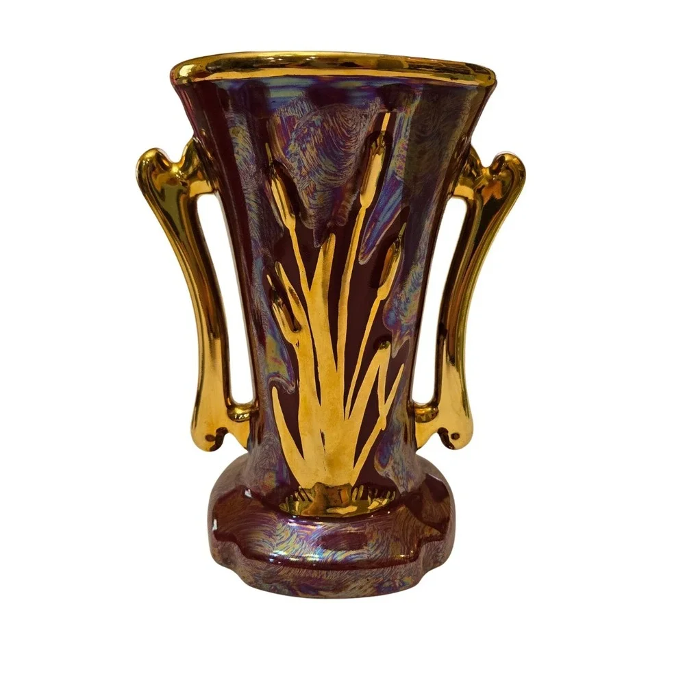Vintage Burgundy Art Nouveau Vase Iridescent Gloss With 22K Gold Accents - GUC